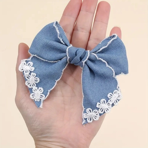 Sweet Blue Denim Bow Hair Clip With White Lace Floral Embroidery Handmade Fabric Duckbill Clip For Women Girls Accessory