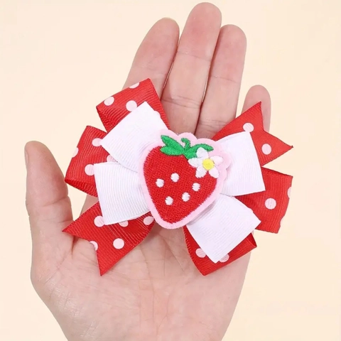 Sweet Strawberry Embroidery Bow Hair Clip For Girls Red Polka Dot Ribbon Alligator Clip Handmade Hair Accessories For Kids