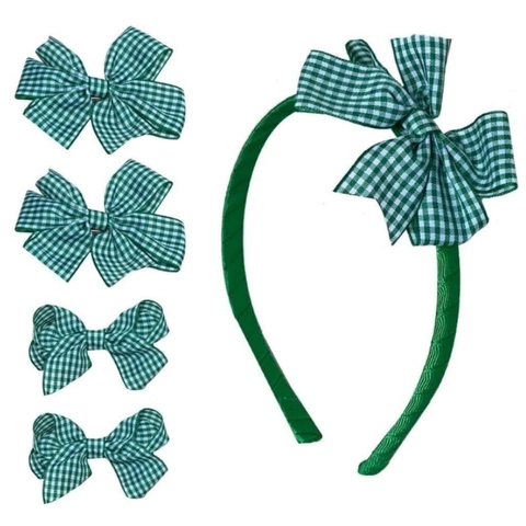 Ensemble 5 Pièces Serre-tête et Barrettes à Nœud Carreaux Gingham Douce Princesse Accessoires Cheveux pour Filles Femmes