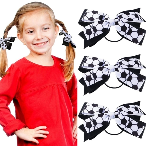 Football Soccer Print Grosgrain Ribbon Bow Hair Tie For Kids Cheerleading Sporty Style Black White Pattern Elastic Hair Band Decoration