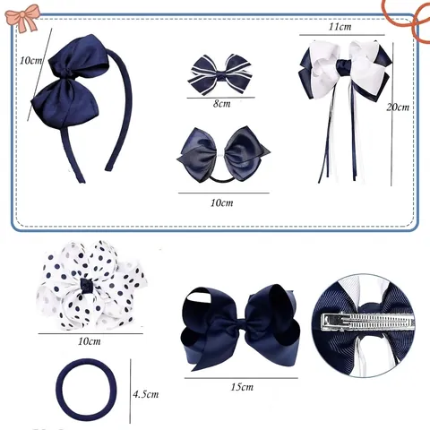 Accesorios para el Cabello con Lazo de Cinta de Grosgrain Azul Marino y Blanco para Niñas Mujeres Pinzas de Pelo Lunares Rayas