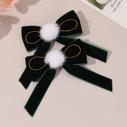 Vintage Fluwelen Strik Haarclips Voor Kinderen Meisjes Schattige Kunstmatige Bontbal Goudrand Haarspelden Koreaanse Stijl