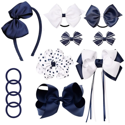 Accesorios para el Cabello con Lazo de Cinta de Grosgrain Azul Marino y Blanco para Niñas Mujeres Pinzas de Pelo Lunares Rayas