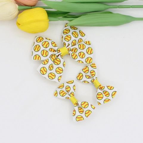 Softball Baseball Pattern Ribbed Bow Hair Clips For Girls Women Sports Style Ribbon Hair Bows Accessory Yellow White