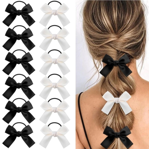 Korean Style Satin Bow Hair Tie Ribbon Ponytail Holder For Women Girls Sweet Elegant Minimalist Hair Accessories Black White