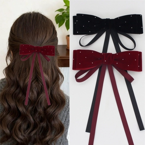 Pinza para el Pelo Elegante de Terciopelo con Lazo Estilo Francés Cintas Largas Strass Accesorio para el Pelo Princesa Mujer Fiesta