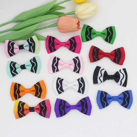 Handmade Grosgrain Ribbon Bow Hair Clips For Kids Girls Candy Color Striped Wave Pattern Crocodile Clips Hair Accessories
