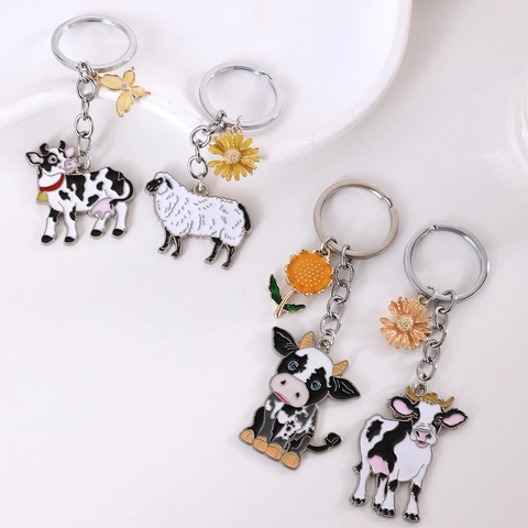 Süßer Cartoon Kuh Schaf Metall Legierung Schlüsselanhänger Emaille Sonnenblume Gänseblümchen Schmetterling Tier Tasche Deko Geschenk