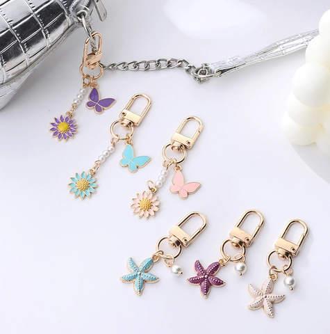 Enamel Butterfly Flower Starfish Keychain With Artificial Pearl Alloy Bag Pendant Decorative Keyring For Women Girls Gift