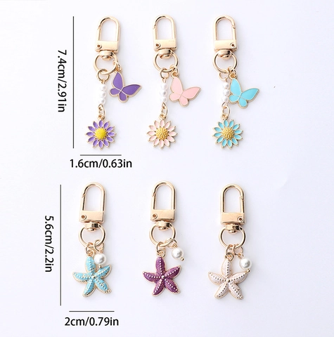 Enamel Butterfly Flower Starfish Keychain With Artificial Pearl Alloy Bag Pendant Decorative Keyring For Women Girls Gift