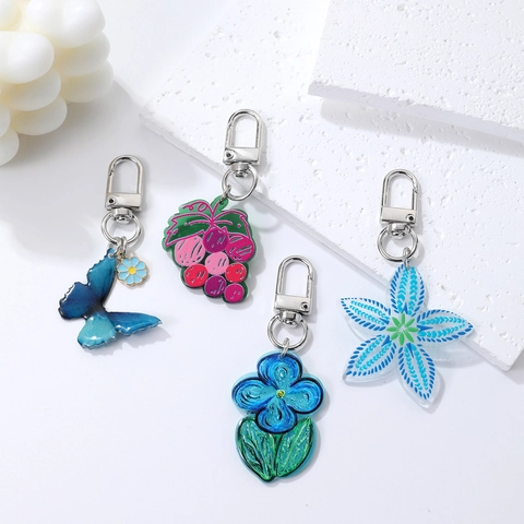 Porte-clés Créatif en Acrylique Fleur Papillon Raisins Style Pastoral Alliage Métallique Breloque de Sac Pendentif Téléphone Femme