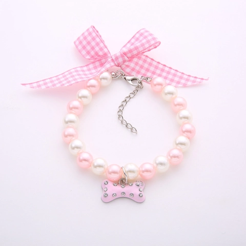 Sweet Pet Artificial Pearl Necklace With Bow Knot Rhinestone Bone Pendant Adjustable Fashion Jewelry Collar For Small Dogs Cats