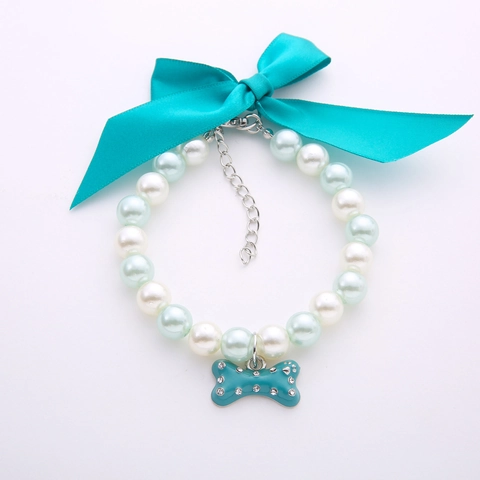 Sweet Pet Artificial Pearl Necklace With Bow Knot Rhinestone Bone Pendant Adjustable Fashion Jewelry Collar For Small Dogs Cats