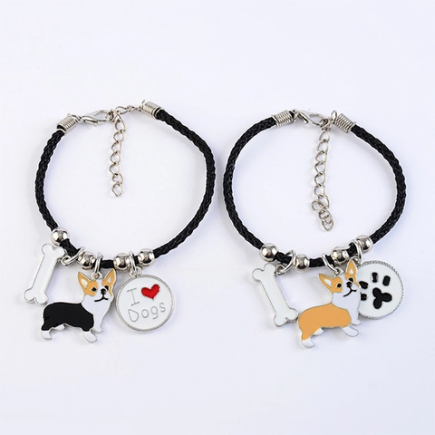 Cartoon Hond Charm Gevlochten Touw Armband Voor Vrouwen Mannen Legering Emaille Franse Bulldog Corgi Verstelbaar