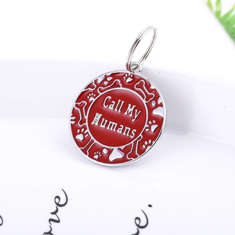 Round Metal Pet ID Tag For Dogs Cats Call My Humans Bone Paw Print Enamel Anti-Lost Identification Tag Pendant Blue Pink Red
