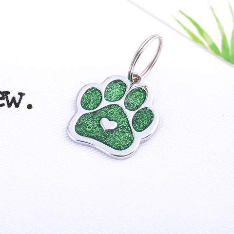 Glitter Paw Print Pet ID Tag For Dogs Cats Alloy Metal Hanging Jewelry Heart Detail For Collars Identification Accessory