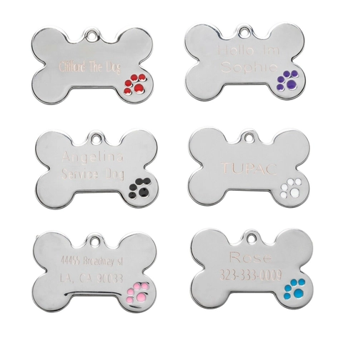 Bone Shape Metal Pet ID Tag Engravable Stainless Steel Dog Name Tag Anti-Lost Mirror Polish With Colorful Paw Print