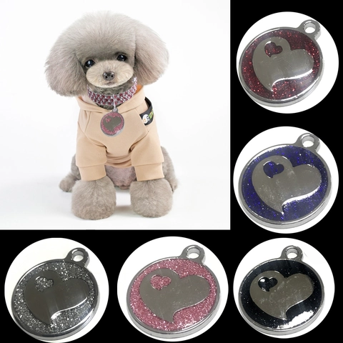 Personalized Stainless Steel Pet ID Tag Round Heart Pattern Glitter Dog Cat Identity Name Tag Anti-Lost Pendant Jewelry