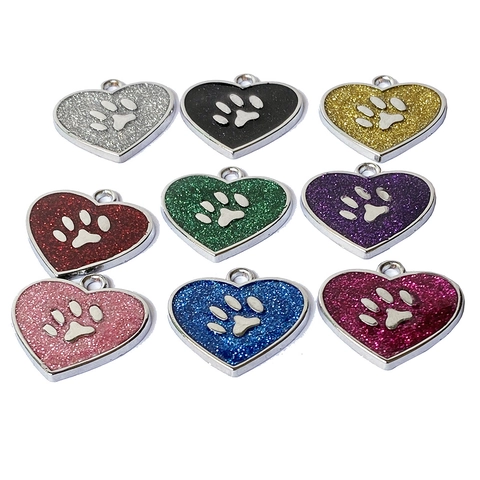 Médaille d'Identification Forme de Cœur Paillettes Empreinte de Patte Alliage de Zinc Plaque Chien Personnalisée Gravée pour Animaux