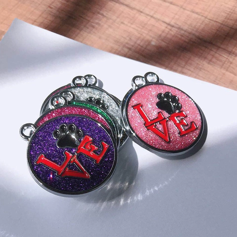 Glitter Alloy Pet ID Tag Round Paw Print LOVE Letter Pendant Identity Name Plate For Dogs Cats Anti-Lost Collar Charm