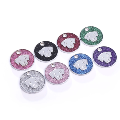 Glitter Pet ID Tag Anti-lost Dog Identity Card Zinc Alloy Labrador Maltese Pattern Round Medal For Collars Pets Accessories