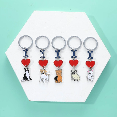 I Love My Dog Enamel Keychain Heart Bone Pendant Alloy Cartoon Puppy Keyring For French Bulldog Corgi Poodle Lovers Gift Bag Charm