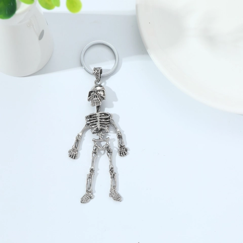 Portachiavi Scheletro Umano in Metallo Argento Retrò Con Articolazioni Mobili Punk Gotico Halloween Pasqua Decorazione Zaino Regalo