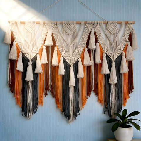 Arazzo da Parete Macramé Tessuto a Mano Bohemien Grande Arazzo in Corda di Cotone Con Frange e Asta di Legno Per Decorazione Casa