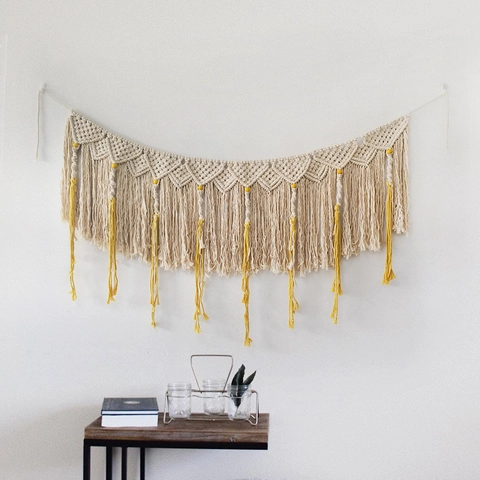 Arazzo da Parete Macramè Boho Fatto a Mano Corda di Cotone con Nappe Stile Nordico Sfondo Geometrico per Matrimonio Casa Arredamento