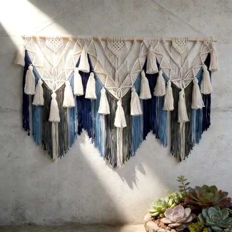 Arazzo da Parete Macramé Tessuto a Mano Bohemien Grande Arazzo in Corda di Cotone Con Frange e Asta di Legno Per Decorazione Casa