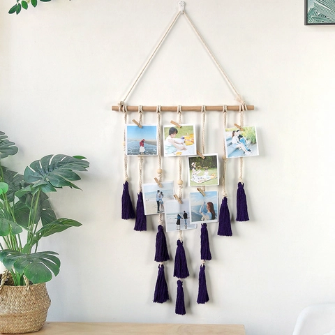 Arazzo Appendi Foto in Corda di Cotone Intrecciata Bohemien Con Asta in Legno Nappa Viola Decorazione Parete per Foto