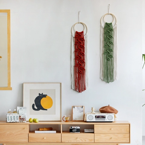 Decorazione da Parete Macrame in Corda di Cotone Fatta a Mano Con Cerchio in Legno Motivo a Foglia Frange Bohemien