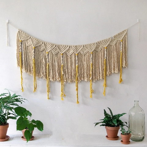 Arazzo da Parete Macramè Boho Fatto a Mano Corda di Cotone con Nappe Stile Nordico Sfondo Geometrico per Matrimonio Casa Arredamento