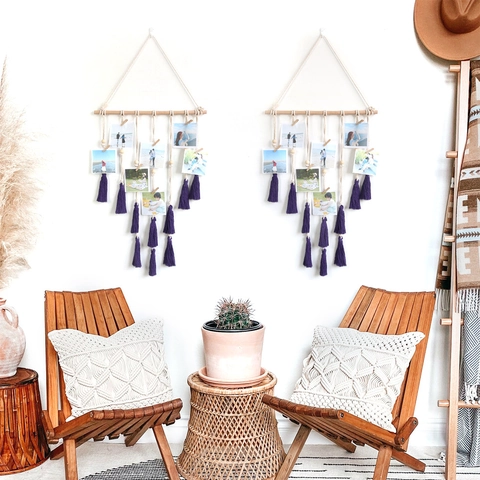 Arazzo Appendi Foto in Corda di Cotone Intrecciata Bohemien Con Asta in Legno Nappa Viola Decorazione Parete per Foto