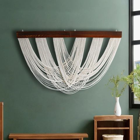 Bohemian Macrame Wall Hanging Handmade Cotton Rope Tapestry With Solid Wood Bar Gradient Tassel Boho Home Decor For Living Room Bedroom