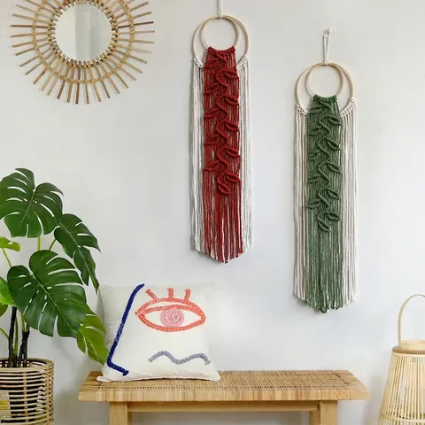 Decorazione da Parete Macrame in Corda di Cotone Fatta a Mano Con Cerchio in Legno Motivo a Foglia Frange Bohemien