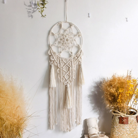 Arazzo Macramè Boho Tessuto a Mano Beige Cotone Con Nappe Acchiappasogni da Parete per Camera da Letto Soggiorno Decorazione