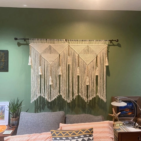 Arazzo da Parete Macrame Fatto a Mano Decorazione Boho Corda di Cotone Intrecciata Con Frange e Asta di Legno Per Soggiorno