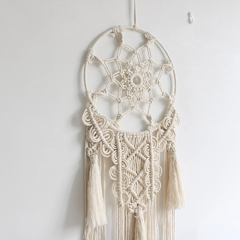 Arazzo Macramè Boho Tessuto a Mano Beige Cotone Con Nappe Acchiappasogni da Parete per Camera da Letto Soggiorno Decorazione