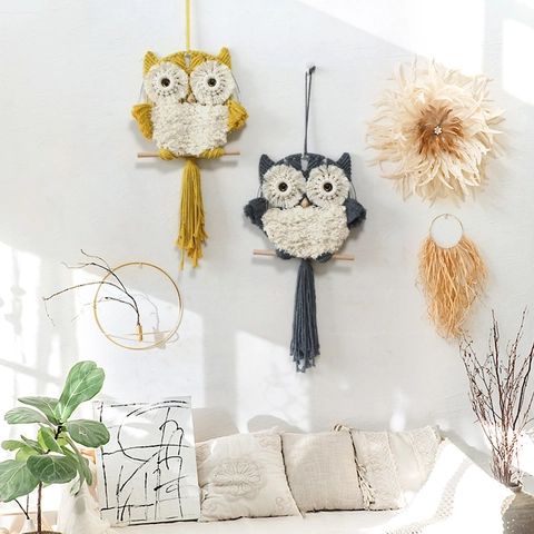 Handwoven Owl Macrame Wall Hanging Bohemian Cotton Polyester Tapestry For Home Bedroom Living Room Decor Yellow Black