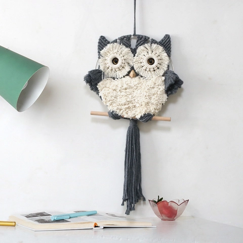 Handwoven Owl Macrame Wall Hanging Bohemian Cotton Polyester Tapestry For Home Bedroom Living Room Decor Yellow Black