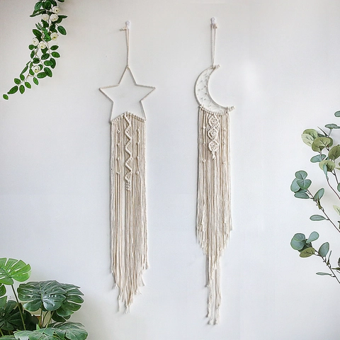 Atrapasueños de Macramé Hecho a Mano Luna Estrella Tapiz de Pared Cuerda de Algodón Bohemio Borla Decoración para Dormitorio Casa