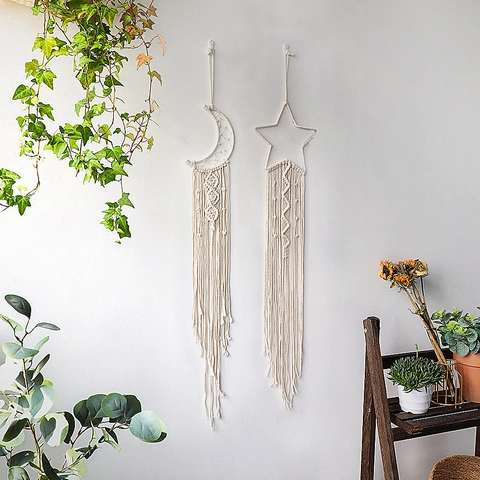 Atrapasueños de Macramé Hecho a Mano Luna Estrella Tapiz de Pared Cuerda de Algodón Bohemio Borla Decoración para Dormitorio Casa
