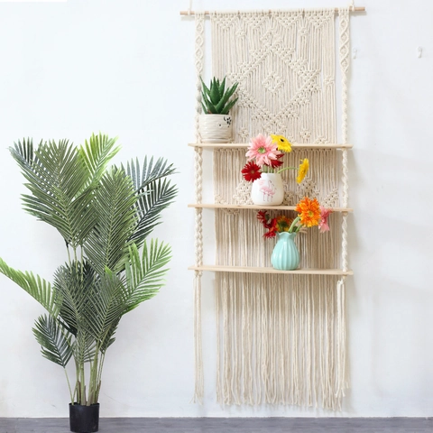 Boho Macrame Wandregal 3-Stufiges Holz Schweberegal Handgefertigtes Baumwollseil Wandteppich Deko Für Wohnzimmer Schlafzimmer