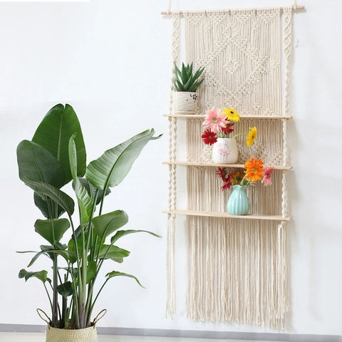 Boho Macrame Wandregal 3-Stufiges Holz Schweberegal Handgefertigtes Baumwollseil Wandteppich Deko Für Wohnzimmer Schlafzimmer