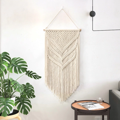 Handmade Macrame Wall Hanging Boho Woven Cotton Tapestry With Wood Rod Geometric Tassel Fringe Decor For Living Room Bedroom