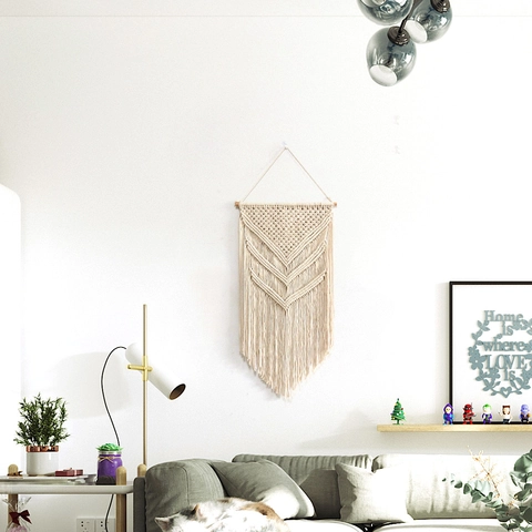 Handmade Macrame Wall Hanging Boho Woven Cotton Tapestry With Wood Rod Geometric Tassel Fringe Decor For Living Room Bedroom