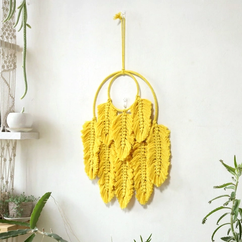 Arazzo Decorativo da Parete in Cotone Macramè Fatto a Mano Stile Boho Piuma Foglia per Soggiorno Camera da Letto Casa