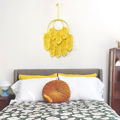 Arazzo Decorativo da Parete in Cotone Macramè Fatto a Mano Stile Boho Piuma Foglia per Soggiorno Camera da Letto Casa