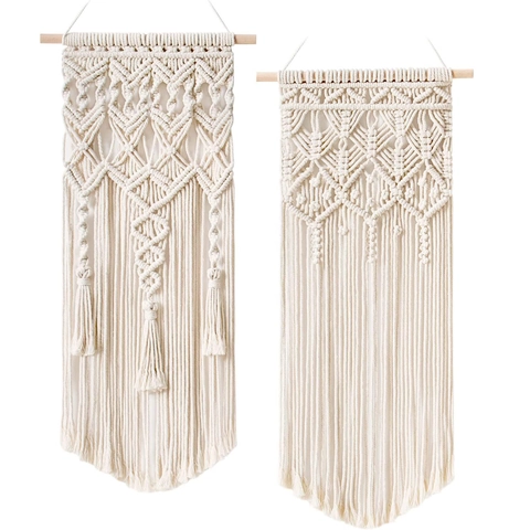 Arazzo Boho in Macramè Intrecciato a Mano Corda di Cotone Naturale Tappezzeria Geometrica con Nappine Decorazione Casa per Camera da Letto